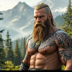 Ein Mann mit Bart und einem beeindruckenden Brust Tattoo im Wikinger-Stil steht in einer Berglandschaft.