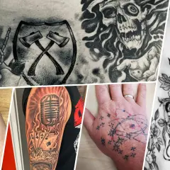 Collage mit verschiedenen Tattoo-Motiven: Totenkopf, Äxte, Mikrofon, Spielkarten, Kassettenband, Blumen und kleine Figuren. Ein Tattoo-Reisen-Symbol könnte hier die Vielfalt der Kunst darstellen.