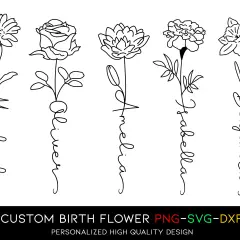 Fünf stilisierte Blumen mit Namen darunter: Michael, Oliver, Amelia, Isabella, Benjamin. Ein schönes Tattoo-Name-mit-Blume-Design.