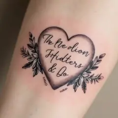 Ein Herz-Tattoo mit dem Schriftzug "The Nedion Ffidters & Do", umrahmt von Zweigen. Ein bleibendes Andenken an den Verlust eines Menschen.