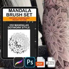 Ein Tablet zeigt einen Mandala-Pinsel-Set-Download. Daneben ein Arm mit einem detaillierten Tattoo im Dotwork-Stil, das geometrische Muster und Punkte nutzt.
