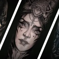 Drei detaillierte Blackwork Tattoos auf einem Männerarm: ein gruseliges Monstergesicht, eine Frau mit Blumenkranz und ein weiteres furchteinflößendes Wesen.