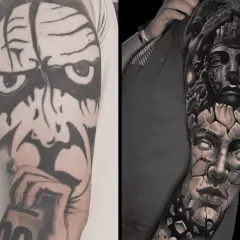 Vorher/Nachher: Ein altes, grobes Tattoo auf dem linken Arm wird zu einem detailreichen, zerbrechenden Gesicht mit antiker Statue auf dem rechten Arm. Ein beeindruckendes linien tattoo arm Kunstwerk.