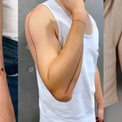 Abstrakte Linienkunst, minimalistische Armlinien und ein kosmisches Diagramm – Beispiele für fineline tattoo männer, die Stil und Tiefe zeigen.