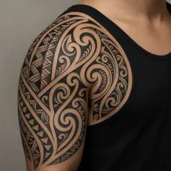 Ein detailreiches Maori-Tattoo bedeckt die Schulter und den Oberarm einer Person. Die komplexen Muster erzählen eine Geschichte von Tradition und Stärke.