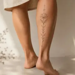 Ein zartes Tattoo mit Lotusblume, Mond und Sternen ziert den Wade eines Mannes.