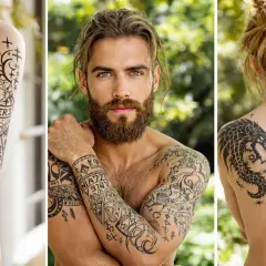 Drei Personen mit beeindruckenden Wikinger Schrift Tattoos. Ein Mann mit grünen Augen und Bart trägt kunstvolle Muster auf den Armen.