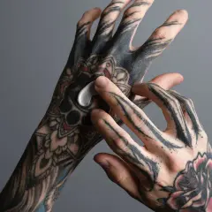 Hände mit detaillierten Tätowierungen, die eine Creme auftragen. Ein Tattoo an der Ferse ist nicht zu sehen, aber die Kunst auf den Händen ist beeindruckend.