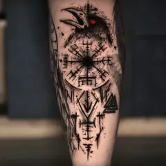 Ein Rabe mit roten Augen blickt auf ein Vegvisir und Runen. Ein Meisterwerk, das verschiedene tattoo stile mischen lässt.