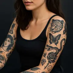 Frau mit vielen kleinen Tattoos im Stil von Leopard, Schlangen, Rosen und Schmetterlingen.
