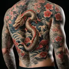 Ein Mann trägt ein beeindruckendes Tattoo mit einem Drachen, Kirschblüten und Wellen, das traditionelle japanische Tattoos repräsentiert.