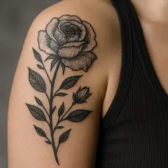 Ein detailliertes Rosen-Tattoo mit silberner Haut-Optik ziert die Schulter.