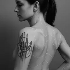 Ein detailliertes **Anatomie Tattoo** eines Skelett-Handknochens auf dem Oberarm einer Frau, umgeben von weißen Linien, die die Körperkonturen und Muskeln auf ihrem Rücken und Arm nachzeichnen.