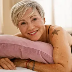Lächelnde Frau mit kurzem blonden Haar und einem Stern-Tattoo auf der Schulter liegt auf einem Kissen.