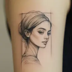 Feine Linienkunst: Ein Porträt einer Frau mit Kopftuch, ein Beispiel für ein stilvolles Tattoo.