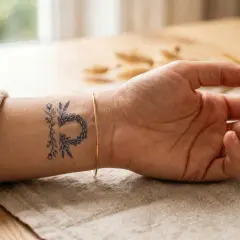 Ein zartes Blumen-Tattoo auf dem Handgelenk, das den Buchstaben "P" formt. Ein wirklich beste tattoo Idee für Naturliebhaber.