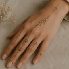 Ein zarter hand tattoo mann klein ziert den Handrücken mit Sternen, Mond und Blattwerk.