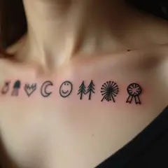 Kleine Symbole zieren die Brust, ein Seelensymbol-Tattoo, das Glück, Natur und Erfolge symbolisiert.
