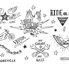 Skizzen für Motorrad Tattoo Ideen: "Ride or Die", "Ride Like the Wind", Motorrad, Werkzeuge, Sterne.