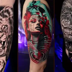 Drei beeindruckende Tätowierungen: ein Löwe mit Rose, eine Frau in Rot und Türkis, und ein Drache über einem Tiger. Ein Tattoo grau statt schwarz, das die Kunst zeigt.