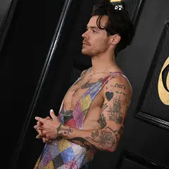 Harry Styles mit vielen Tätowierungen, die als Inspiration für Tattoo Ideen Mann dienen. Ein Herz, ein Schiff und Rosen sind zu sehen.