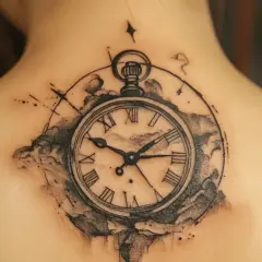 Ein detailliertes Tattoo einer Taschenuhr mit römischen Ziffern und Wolken. Die tattoo uhrzeit digital ist hier kunstvoll dargestellt.