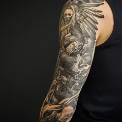 Detaillierte Tätowierung am Arm: ein geflügeltes Wesen mit Totenkopf und Drachen. Tolle Inspiration für full sleeve tattoo vorlagen.