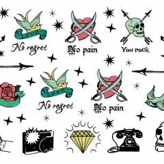 Sammlung von old school tattoo Motiven: Anker, Schwalben mit "LOVE", gekreuzte Säbel über Herz, Totenkopf mit Pfeilen, Rose, Daumen hoch, Kamera, Diamant, Telefon.