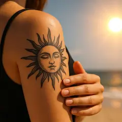 Ein Tattoo einer Sonne ziert den Arm einer Frau am Strand. Die Sonne scheint im Hintergrund.