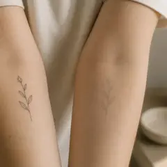 Zwei Arme mit zarten, minimalistischen Tattoos von Zweigen. Ein dezenter Hauch von Natur, der die Haut schmückt.