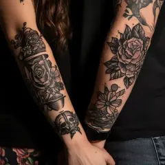 Zwei Arme mit detailreichen Tattoos: Rosen, eine Sanduhr und ein Totenkopf. Ein Symbol für ewige Liebe, das als Partner Tattoo verewigt wurde.