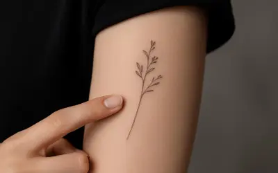 Zarter Zweig als Fineline Tattoo am Handgelenk. Ein Finger berührt sanft die Haut neben dem filigranen Motiv.