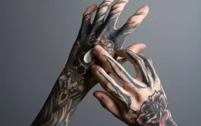 Hände mit detaillierten Tätowierungen, die mit einer weißen Creme eingerieben werden. Die tattoo tiefe der Muster wird durch die Pflege betont.