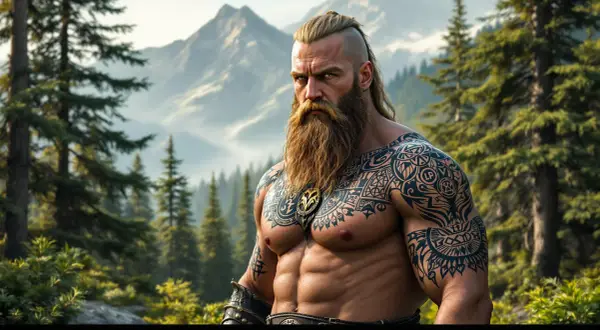 Ein Mann mit Bart und einem beeindruckenden Brust Tattoo im Wikinger-Stil steht in einer Berglandschaft.