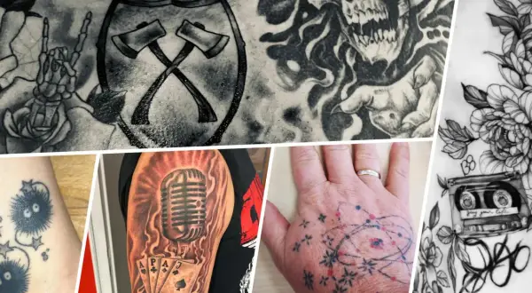 Collage mit verschiedenen Tattoo-Motiven: Totenkopf, Äxte, Mikrofon, Spielkarten, Kassettenband, Blumen und kleine Figuren. Ein Tattoo-Reisen-Symbol könnte hier die Vielfalt der Kunst darstellen.