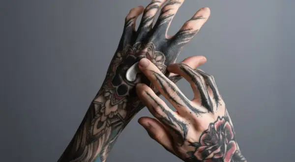 Hände mit detaillierten Tätowierungen, die sich eincremen. Das Tattoo rot nach stechen ist noch leicht zu erkennen.