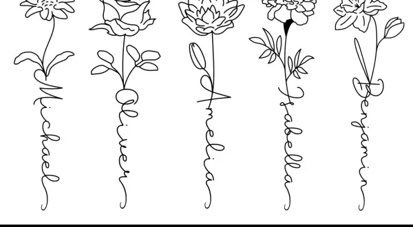 Fünf stilisierte Blumen mit Namen darunter: Michael, Oliver, Amelia, Isabella, Benjamin. Ein schönes Tattoo-Name-mit-Blume-Design.