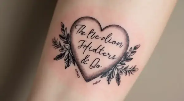 Ein Herz-Tattoo mit dem Schriftzug "The Nedion Ffidters & Do", umrahmt von Zweigen. Ein bleibendes Andenken an den Verlust eines Menschen.