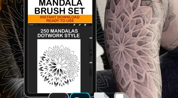 Ein Tablet zeigt einen Mandala-Pinsel-Set-Download. Daneben ein Arm mit einem detaillierten Tattoo im Dotwork-Stil, das geometrische Muster und Punkte nutzt.