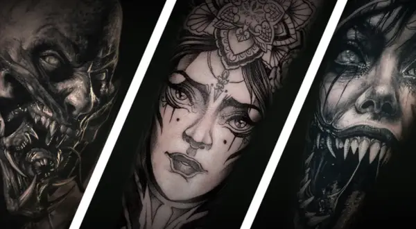 Drei detaillierte Blackwork Tattoos auf einem Männerarm: ein gruseliges Monstergesicht, eine Frau mit Blumenkranz und ein weiteres furchteinflößendes Wesen.