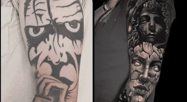Vorher/Nachher: Ein altes, grobes Tattoo auf dem linken Arm wird zu einem detailreichen, zerbrechenden Gesicht mit antiker Statue auf dem rechten Arm. Ein beeindruckendes linien tattoo arm Kunstwerk.