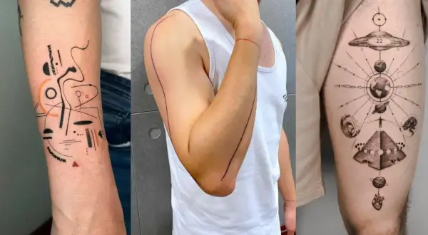 Abstrakte Linienkunst, minimalistische Armlinien und ein kosmisches Diagramm – Beispiele für fineline tattoo männer, die Stil und Tiefe zeigen.