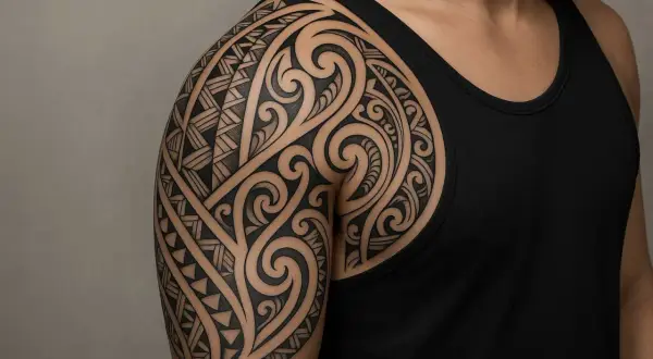 Ein detailreiches Maori-Tattoo bedeckt die Schulter und den Oberarm einer Person. Die komplexen Muster erzählen eine Geschichte von Tradition und Stärke.