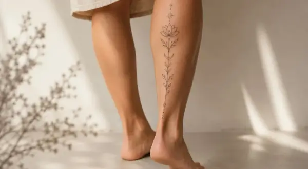Ein zartes Tattoo mit Lotusblume, Mond und Sternen ziert den Wade eines Mannes.