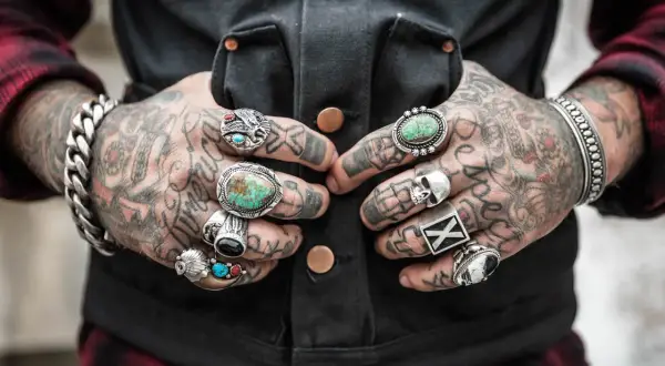Tätowierter Mann mit vielen Ringen an den Fingern, darunter ein Totenkopf und Türkise.