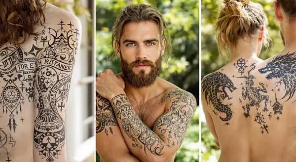 Drei Personen mit beeindruckenden Wikinger Schrift Tattoos. Ein Mann mit grünen Augen und Bart trägt kunstvolle Muster auf den Armen.