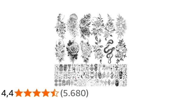 Viele temporäre Tattoo-Motive: Rosen, Schlangen, Quallen, Löwen. Ideal für alle, die den tattoo dauer testen möchten.