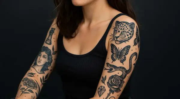 Frau mit vielen kleinen Tattoos im Stil von Leopard, Schlangen, Rosen und Schmetterlingen.