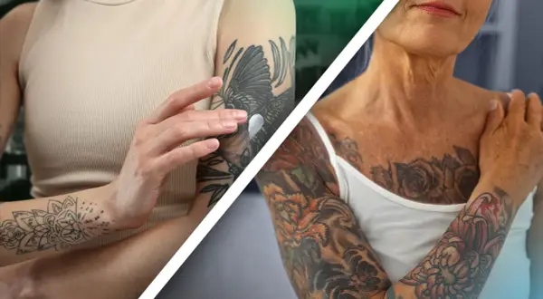 Junge Frau pflegt frisches Tattoo, ältere Frau mit verblasstem Tattoo.