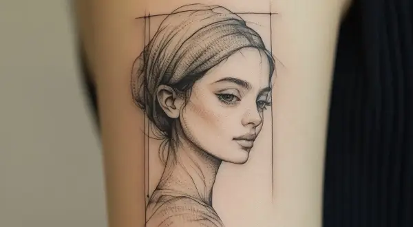Ein zartes Fineline-Tattoo zeigt das Profil einer jungen Frau mit Kopftuch, gezeichnet mit feinen Linien und Schattierungen.